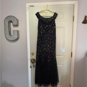 Oleg Cassini Black Beaded One-Shoulder Evening Gown